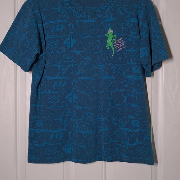 VINTAGE Gecko Hawaiian All-Over Print USED Shirt (S, Single Stitch, Blue, AOP) - Picture 6 of 8